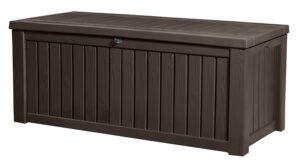 4. Keter Rickwood Plastic Deck Storage Container Box Outdoor Patio Garden Furniture 150 Gal, Brown