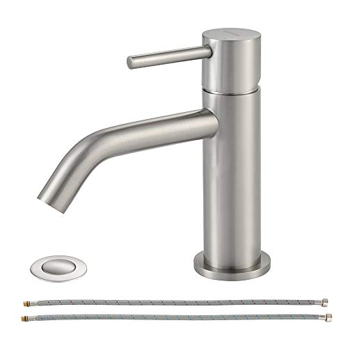 EZANDA Brass Single Handle Bathroom Faucet with Pop-up Sink Drain Assembly & Faucet Supply Lines, Brushed Nickel, 1431102