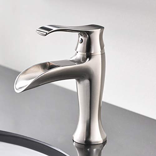 Ufaucet Commercial Lead-Free Modern Brushed Nickel Single Handle Waterfall Stainless Steel Bathroom Faucet, Lavatory Vanity Sink Faucet with Water Hoses